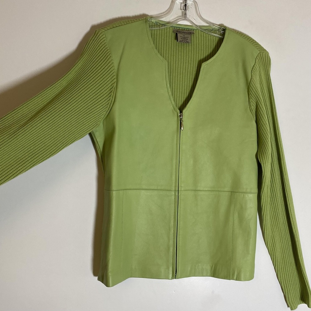 Escapade Jacket Womens Medium Green Leather Ribbed Knit Full Zip Lined - Picture 5 of 16